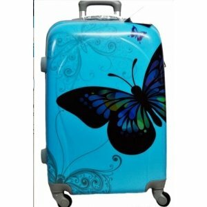 Пластиковый чемодан на четырех колесах голубой