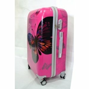 Пластиковый чемодан на четырех колесах. Цвет розовый